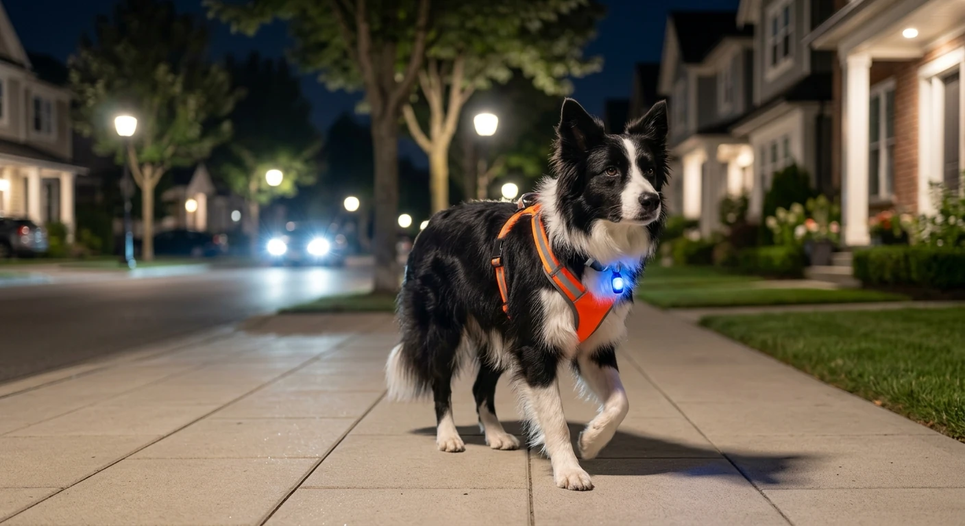 Cão utilizando colar refletivo passeando à noite em segurança