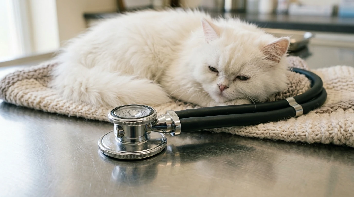 Imagem estritamente fotorrealista e em plano detalhe de um estetoscópio veterinário moderno repousando sobre uma bancada médica de inox impecável e limpa, com iluminação de estúdio suave transmitindo alta competência clínica e profissionalismo