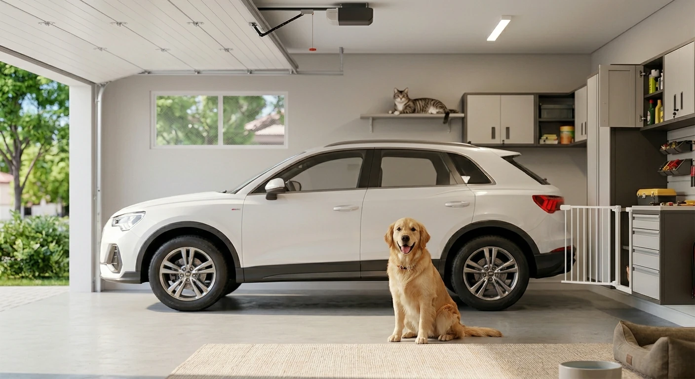 Imagem estritamente fotorrealista focada no pneu traseiro de um carro estacionado em uma garagem residencial limpa com um brinquedo de pet repousando próximo ao pneu