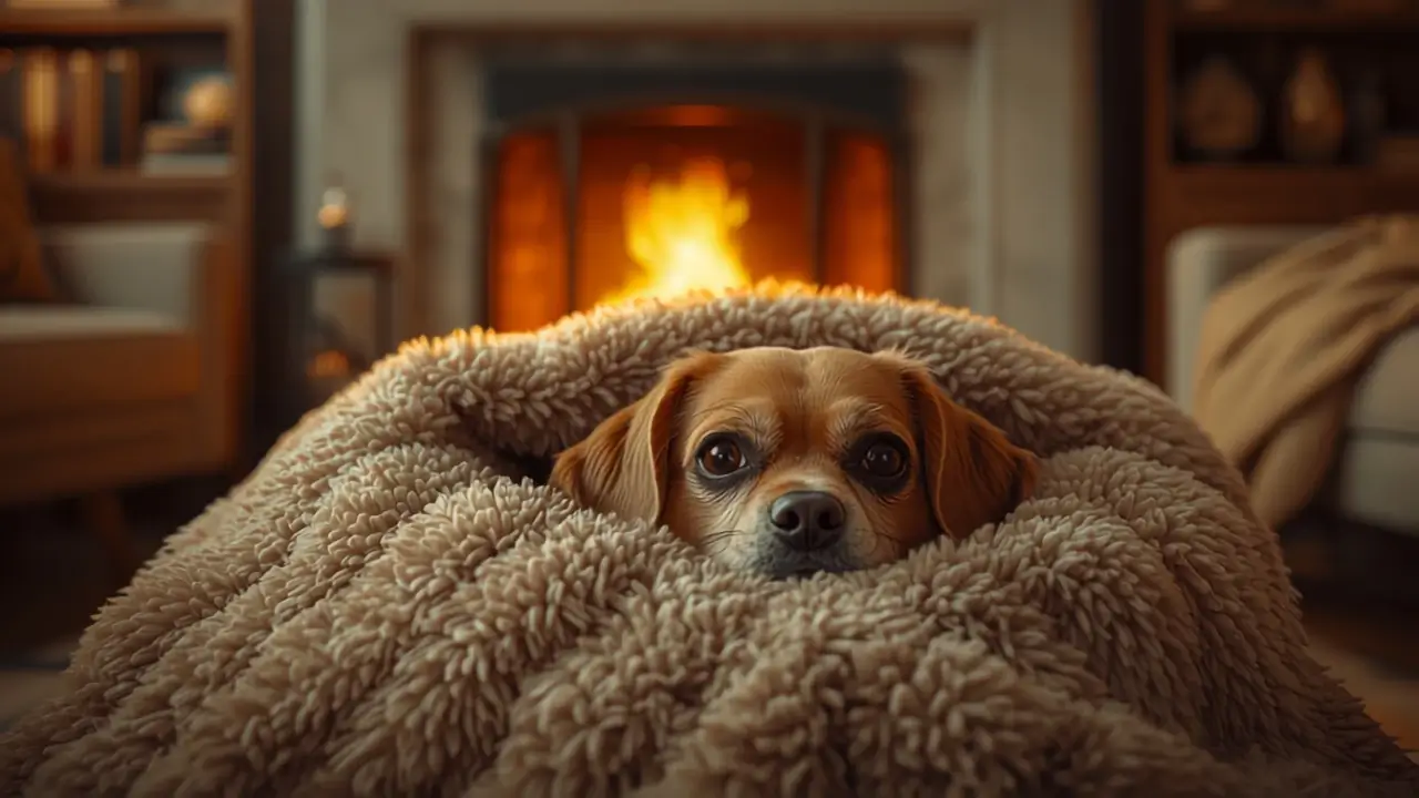 Imagem estritamente fotorrealista de um cão pequeno envolto confortavelmente em um cobertor quente dentro de um ambiente interno aconchegante e bem aquecido, com iluminação suave e acolhedora