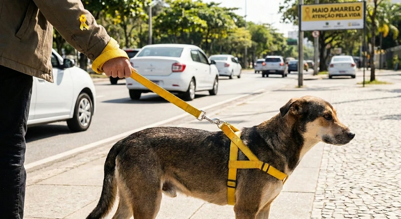 Detalhe fotorrealista de uma guia e peitoral moderno e amarelo repousando sobre uma mesa de madeira iluminada, simbolizando o Maio Amarelo e a prevenção em passeios pet.