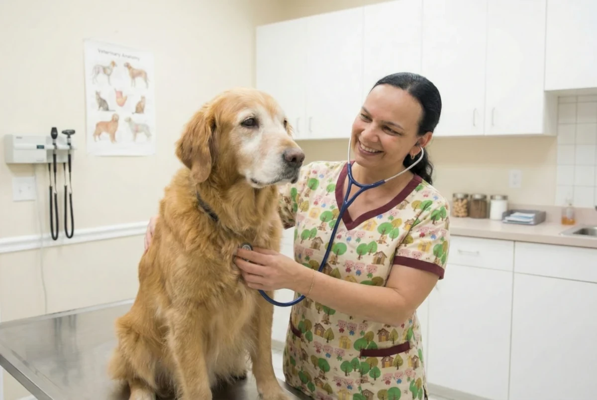 Veterinária verificando coração de um cão