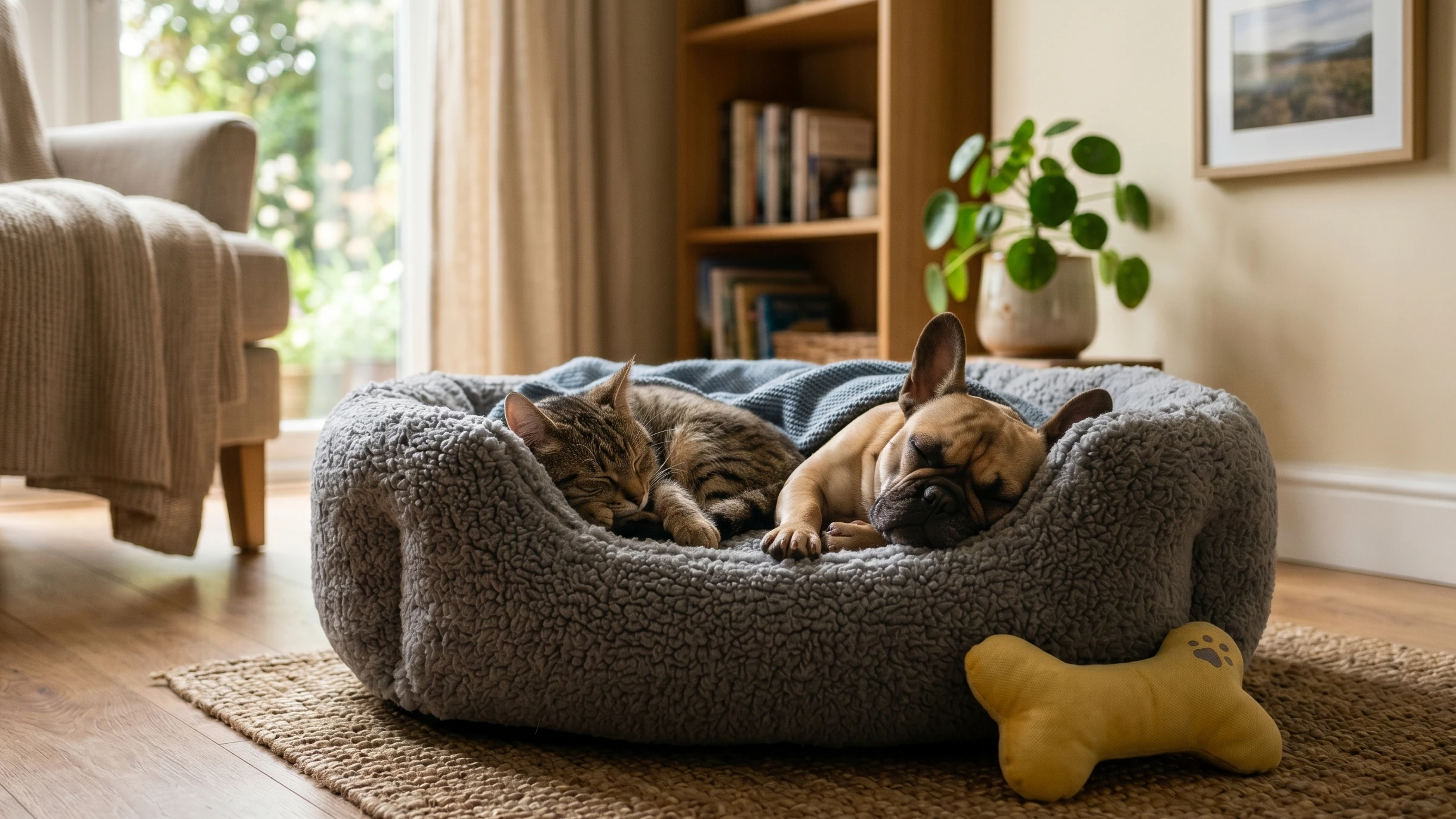 Ambiente interno tranquilo com caminha confortável na sombra e brinquedo de pet intocado ao lado